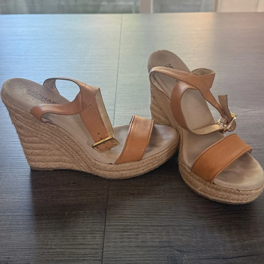 Michael Kors Camel Leather Espadrille Wedge Sandals G Buckle Ankle Strap Size 8